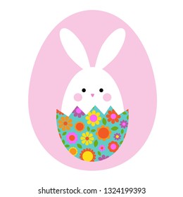 cute Easter bunny in hatching floral egg