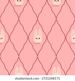 Cute Easter Bunny Heads Pink Argyle Seamless Pattern