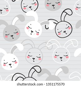 Cute Easter Bunny Heads Seamless Pattern. Little Rabbit Faces Background for Kids. Cartoon Animal Vector Illustration. Baby Shower Scandinavian Design with Sleeping Hares