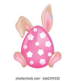 Cute Easter bunny hidden behind pink egg kawaii cartoon vector character. Adorable and funny animal paws and ears isolated sticker, patch. Pascha symbol. Anime baby hare, rabbit emoji on white