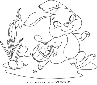 Cute Easter Bunny Hiding Eggs. Coloring Page