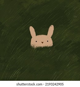 Cute Easter Bunny Hiding in the Grass in the Meadow.  Lovely Hand Drawn Vector Illustration with Little Rabbit on a Green Grass Filed. Crayon Drawing Style Art ideal for Card, Wall Art, Poster.