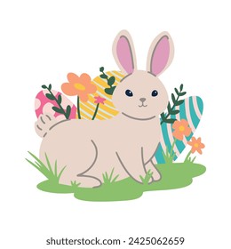 cute easter bunny hiding painted eggs in flowers and grass vector illustration on a white background