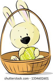 Cute Easter Bunny Hold Egg Sitting in Basket - Vector Illustration