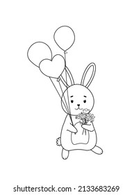 Cute Easter bunny holding balloons and floral bouquet. Vector illustration for coloring page, book for kids.