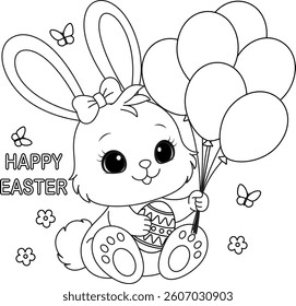 Cute Easter Bunny holding balloons coloring page for kids