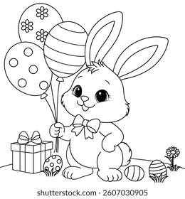 Cute Easter Bunny holding balloons coloring page for kids