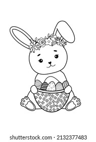 Cesta de la cesta de la cesta del conejito de Pascua con huevos ornamentados de color página A4. Ilustración vectorial para el libro de coloreado.