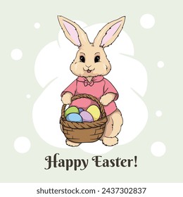 Cute Easter bunny holding a basket with colored eggs. Easter card. Bright vector illustration.