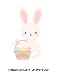 Netter Osterhase, der einen Korb mit Ostereiern hält, isoliert auf weißem Hintergrund. Osterfigur. Flache Vektordarstellung