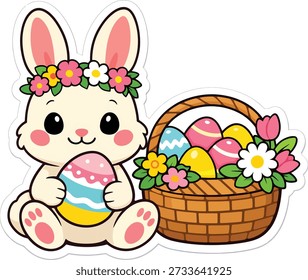 Cute Easter bunny holding a basket filled with decorated eggs and spring flowers illustrated in a colorful sticker-style vector on white background.