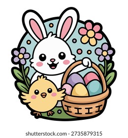 Cute Easter bunny holding a basket full of colorful eggs and a baby chick. Happy spring holiday cartoon vector illustration with flowers in a circle frame.