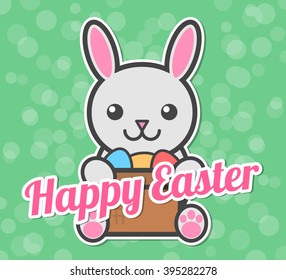 Cute easter bunny holding basket with colorful eggs. Vector illustration