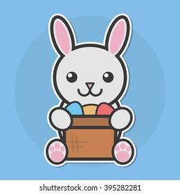 Cute easter bunny holding basket with colorful eggs. Vector illustration