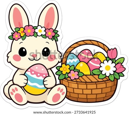 Cute Easter bunny holding a basket filled with decorated eggs and spring flowers illustrated in a colorful sticker-style vector on white background.