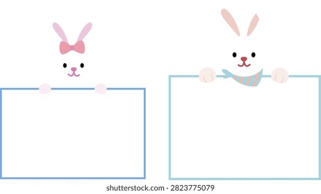 Cute Easter Bunny Holding Blank Sign Flat Vector Illustration Set.
Adorable Easter Rabbit with Empty Sign Board Clipart.
Cartoon Easter Bunny with Blank Message Sign.
Transparent background.

