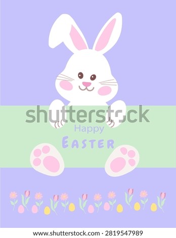Cute Easter Bunny Holding Blank Banner with Spring Flowers on Pastel Background,