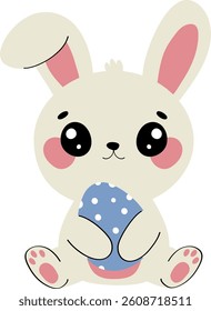 Cute Easter bunny holding blue polka dot egg, kawaii rabbit cartoon character, flat vector illustration. Perfect for spring holiday designs and children's projects 