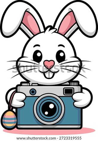 Cute Easter Bunny Holding Camera Mascot is a charming vector illustration isolated on white. This happy character design is ideal for holiday photography, greeting cards, or mascot branding.