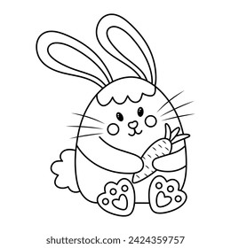 Cute Easter bunny holding carrot. Doodle chubby rabbit. Vector linear illustration.