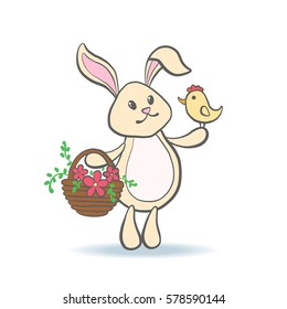 Cute Easter Bunny holding chicken and basket full of flowers for baby shower or easter card. Cartoon Rabbit isolated on white. Vector illustration