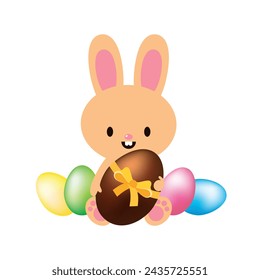 Cute easter bunny holding chocolate egg vector illustration. Adorable easter baby bunny and colored eggs icon vector isolated on a white background. Template for background, banner, card, poster