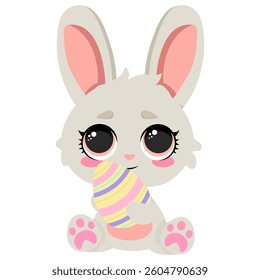 Cute Easter bunny holding a colorful striped egg. Perfect for greeting cards, festive decorations, children's illustrations, stickers, and digital designs