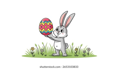 A Cute Easter Bunny Holding a Colorful Decorated Egg in a Grassy Field with Flowers