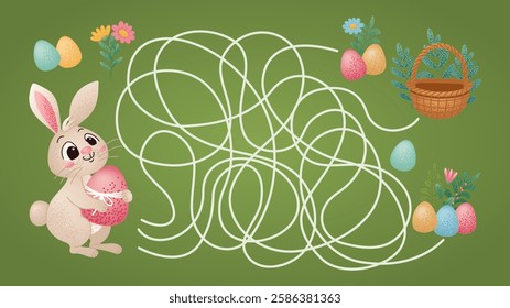 Cute easter bunny holding decorated egg trying to solve maze puzzle leading to basket full of colorful eggs, flowers, and leaves. Fun holiday activity for kids.