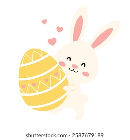 Cute Easter bunny holding a decorated yellow egg with hearts in a simple flat cartoon style