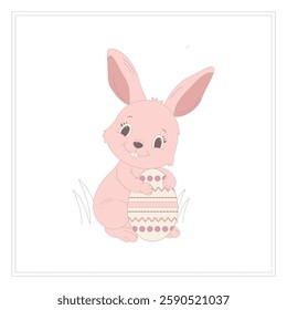 A cute Easter bunny holding a decorated egg. A charming pastel-colored design, perfect for greeting cards, prints, stickers, and holiday decorations.