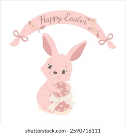 A cute Easter bunny holding a decorated egg with a ribbon, under a festive "Happy Easter" banner with floral elements. Perfect for greeting cards, invitations, prints, and digital designs.

