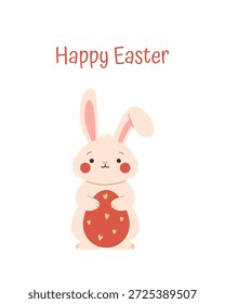 Cute Easter bunny holding a decorated egg. Flat vector illustration in soft pastel colors, perfect for greeting cards, holiday designs, invitations, prints, and spring themes