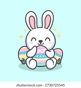 Bonito coelho de páscoa segurando ovos decorados ilustração para ícone, adesivo e outros usos, estilo vetorial desenhado à mão