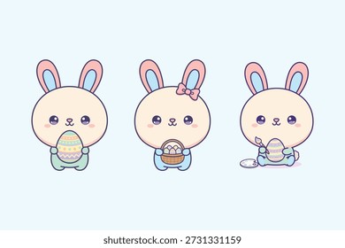 Cute Easter Bunny Holding Decorated Egg Kawaii Flat Vector Illustration