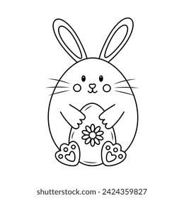 Cute Easter bunny holding decorative egg. Doodle chubby rabbit. Vector linear illustration.