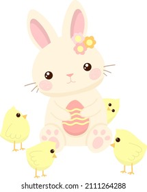 Cute easter bunny holding easter egg and little chicks. Vector illustration