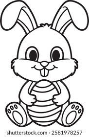 Cute Easter Bunny Holding Egg - Adorable Coloring Page for Kids, playing, sister, toddler, togetherness, tradition, two people, chasing, copy space, curiosity, cartoon, child, family, holding