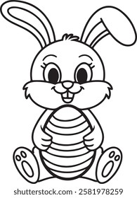 Cute Easter Bunny Holding Egg - Adorable Coloring Page for Kids, playing, sister, toddler, togetherness, tradition, two people, chasing, copy space, curiosity, cartoon, child, family, holding