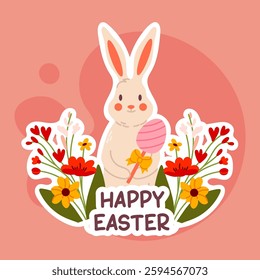 A cute Easter bunny holding an egg, surrounded by colorful flowers on a red background. Perfect for greeting cards, social media, and festive designs.