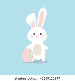Cute Easter Bunny Holding Egg Vector Illustration on Blue Background