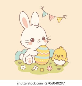 Conejo de Pascua lindo sosteniendo huevo con polluelo - Pastel Kawaii Spring Illustration (Vector)