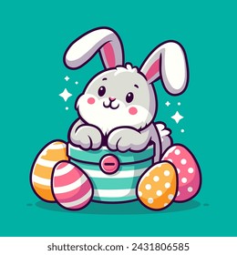 Cute Easter Bunny holding Easter eggs, happy, cartoon, character, vector