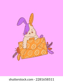 Cute Easter bunny holding an envelope with an egg ornament. Illustration for the decoration of the spring holiday Easter. Christian symbol of the rebirth of life after death. Vector illustration.