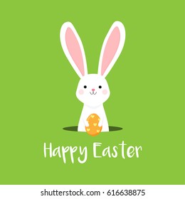 Cute Easter Bunny Holding Orange Easter egg on Green background , Easter card, Happy Easter vector illustration