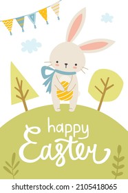 Cute easter bunny holding painted egg on spring lawn. Print with adorable rabbit for poster, greeting card, banner.