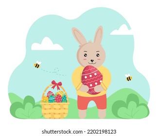 Cute Easter bunny is holding a painted egg against the background of a spring landscape. Vector illustration