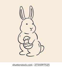 Cute Easter bunny holding a painted egg. Hand-drawn whimsical illustration of springtime rabbit. Cottagecore animal outline silhouette. Vector graphic