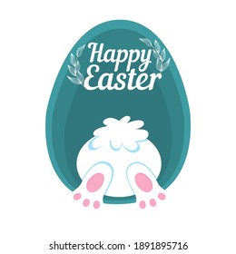 Cute Easter bunny holding a poster on a blue background, flat style, cartoon. Vector Easter bunny drawing. Easter, holiday, decoration, printing on bags.