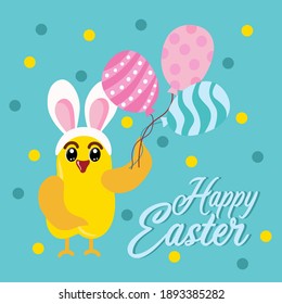 Cute Easter bunny holding a poster on a blue background, flat style, cartoon. Vector Easter bunny drawing. Easter, holiday, decoration, printing on bags.